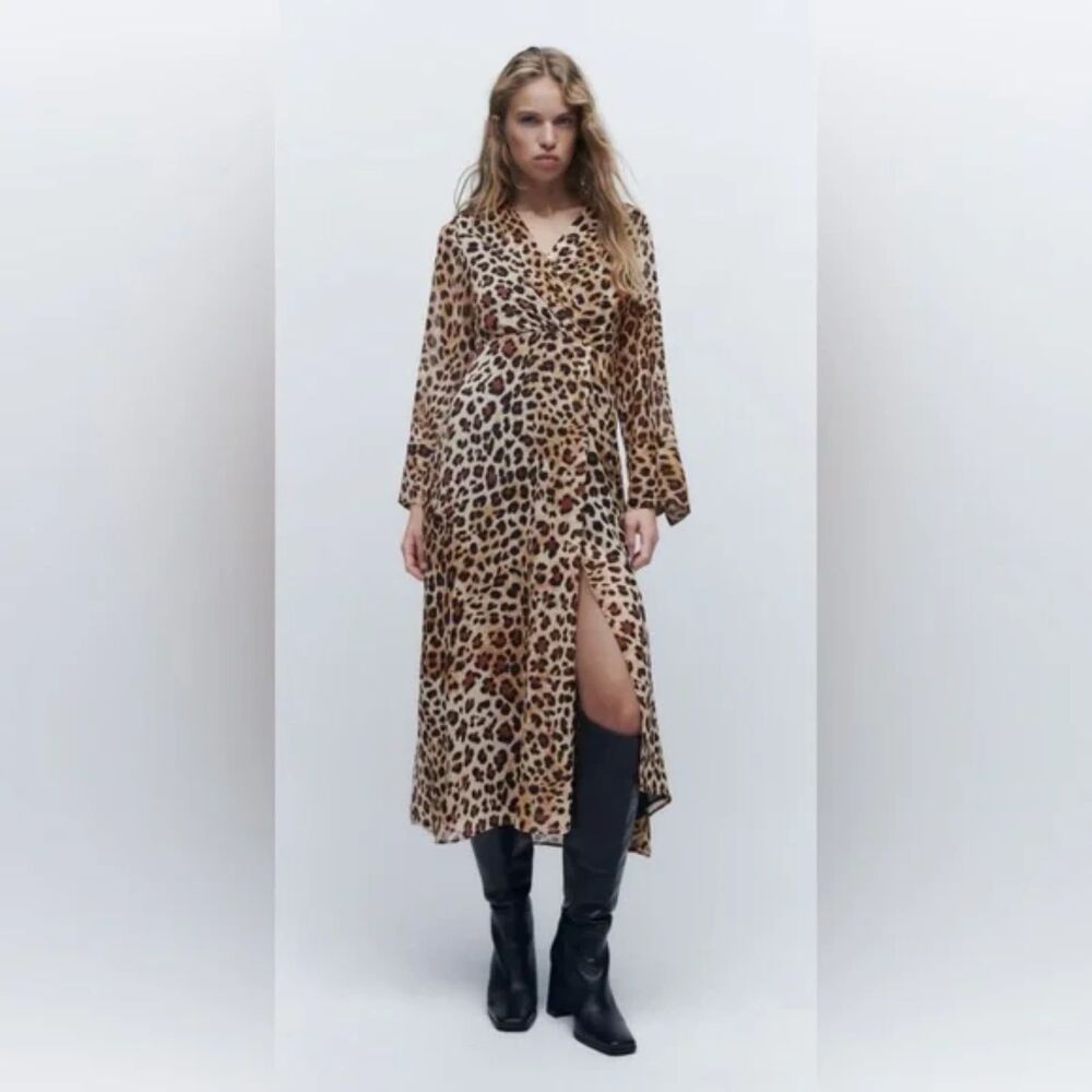 NWOT ZARA Faux Wrap Chiffon Animal Print Fully Lined Sheer Midi Dress Size S
